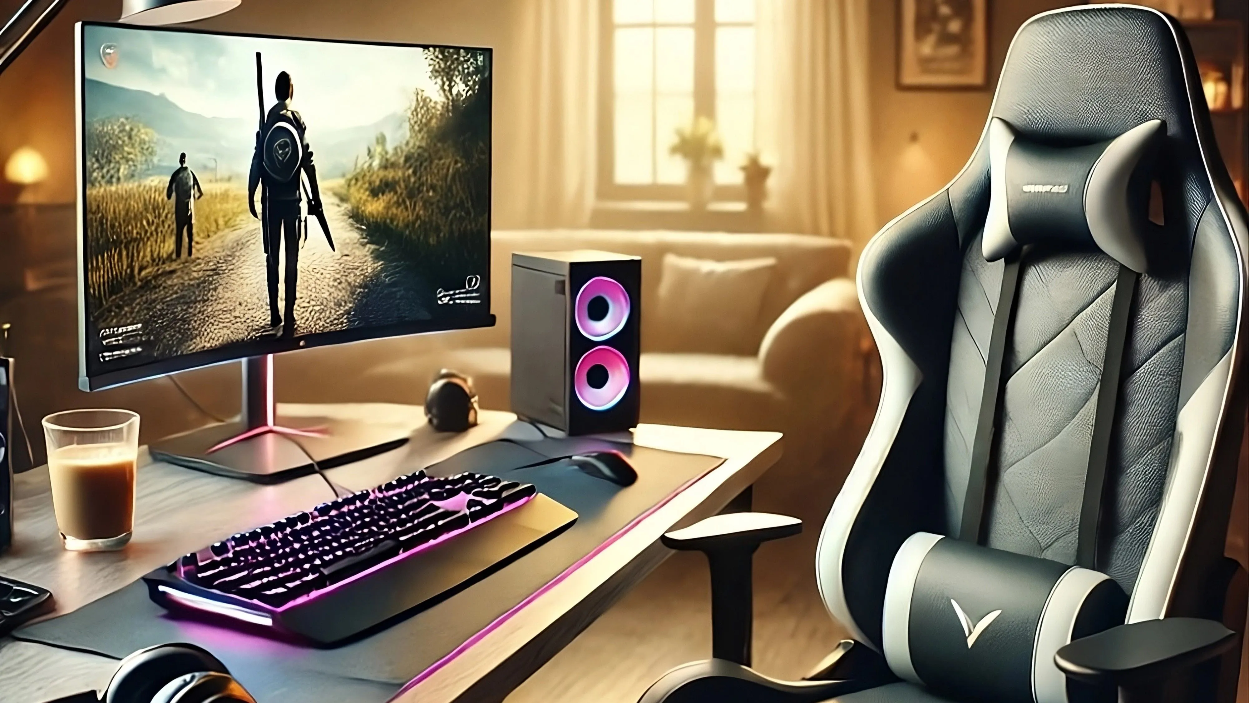 Góc làm việc với máy tính gaming và ghế ngồi thoải mái, ly cà phê, ánh nắng buổi sáng, thể hiện sự dễ dàng và tiện lợi của việc tự build PC hiện đại.
