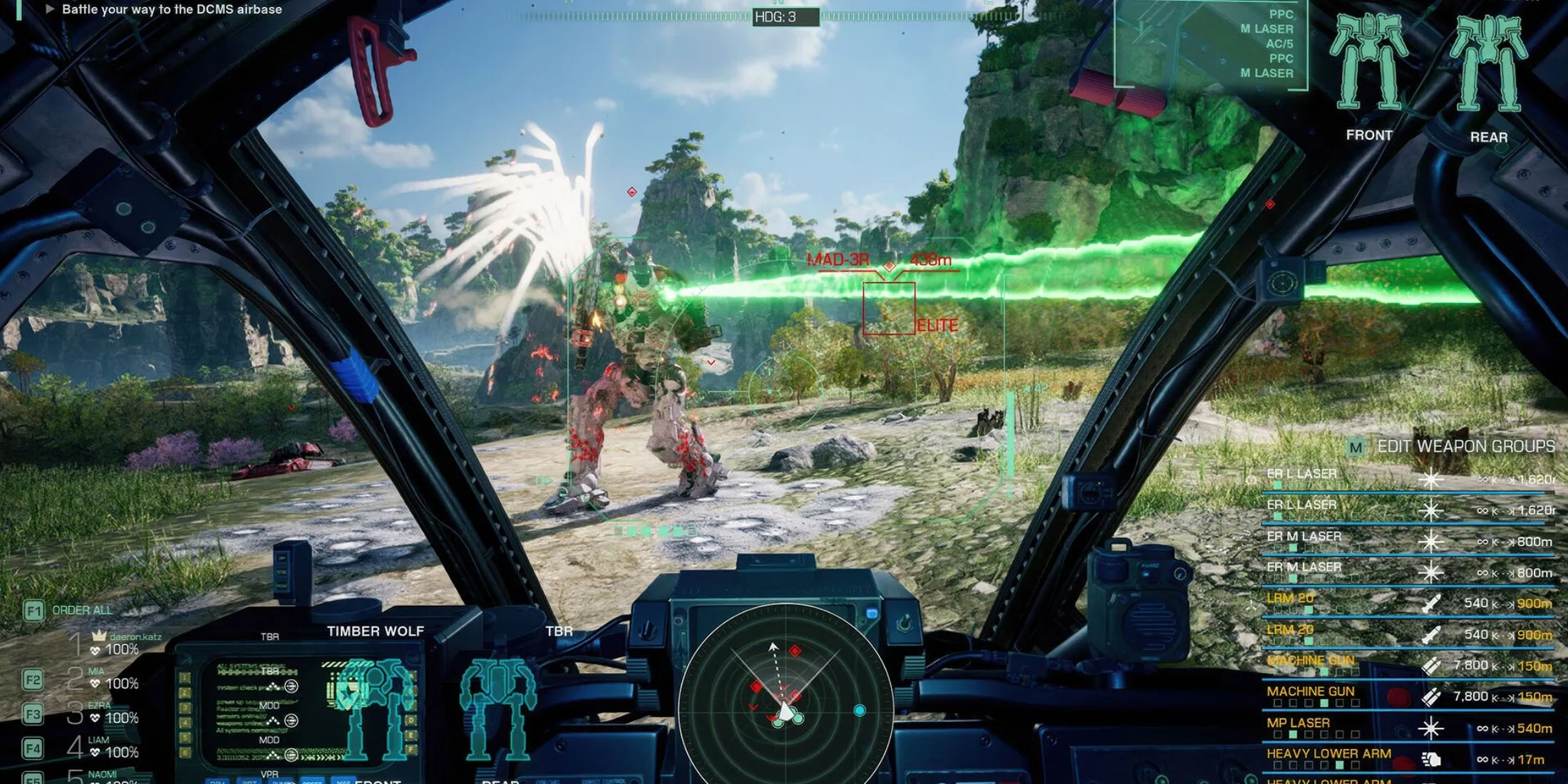 Góc nhìn buồng lái người máy trong MechWarrior 5: Clans, nhấn mạnh yếu tố chiến đấu tầm xa và cảm giác điều khiển mech nặng nề.