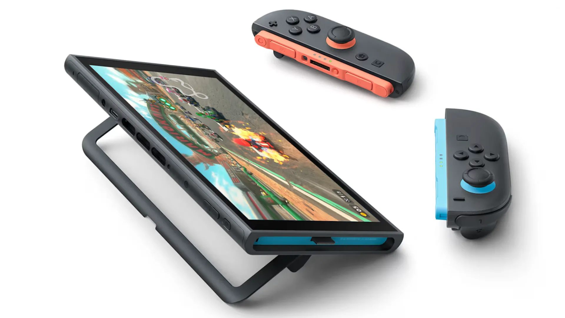 Góc nhìn tổng thể máy chơi game Nintendo Switch 2, minh họa các cổng kết nối và thiết kế tổng thể.