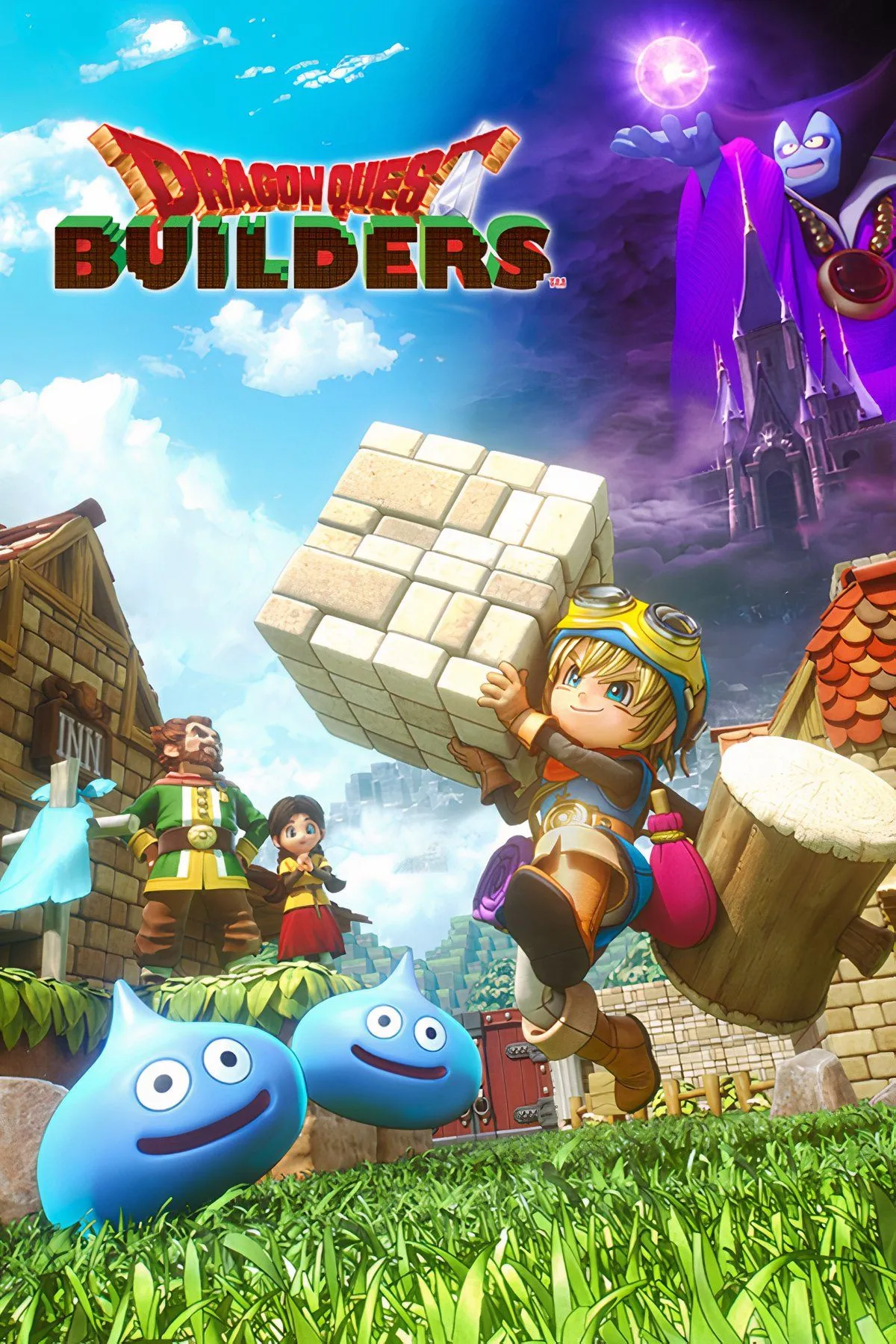 Góc nhìn trong game Dragon Quest Builders với các công trình khối và nhân vật