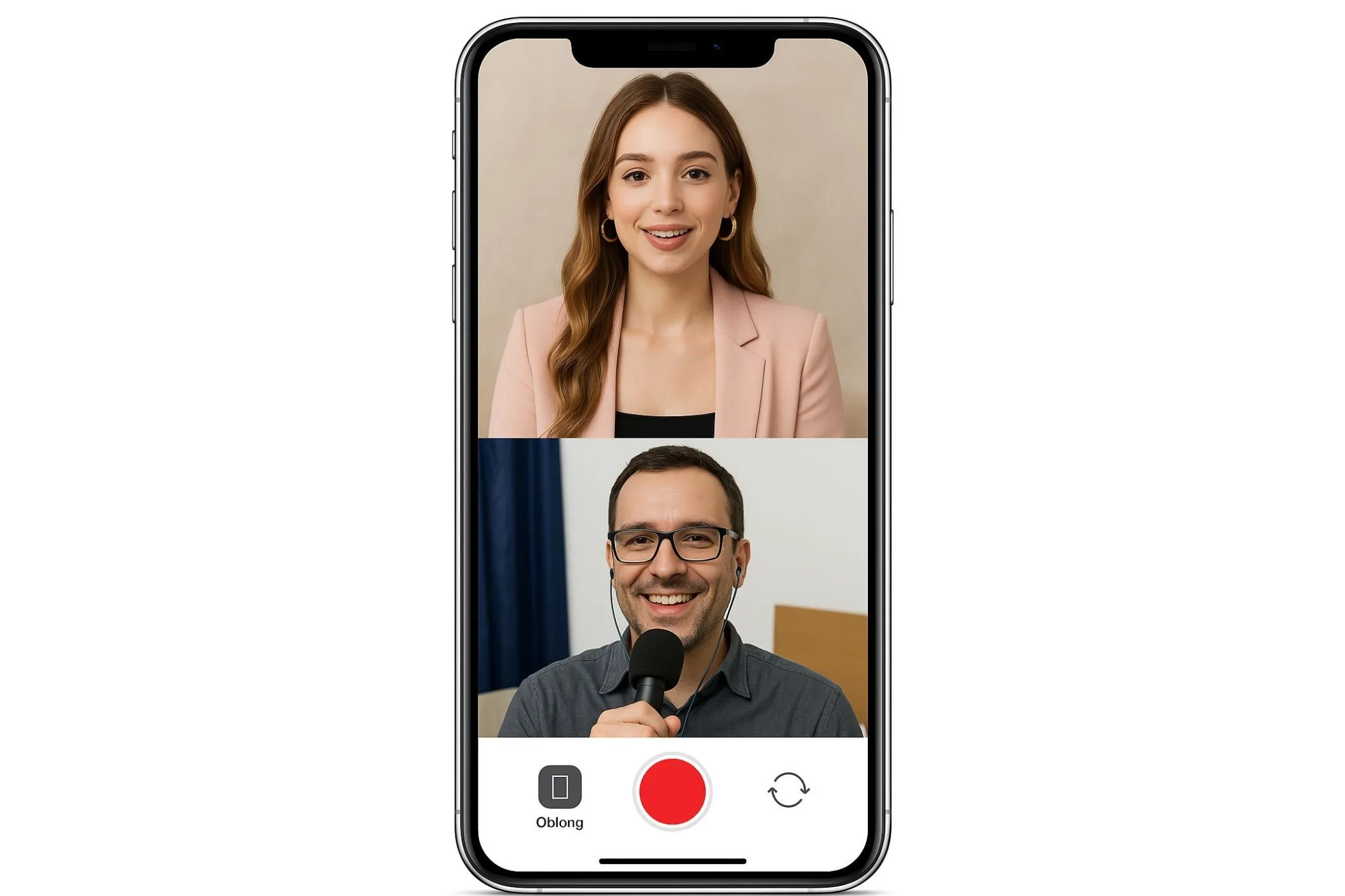 Hai người đang phỏng vấn bằng điện thoại với tính năng camera kép kích hoạt
