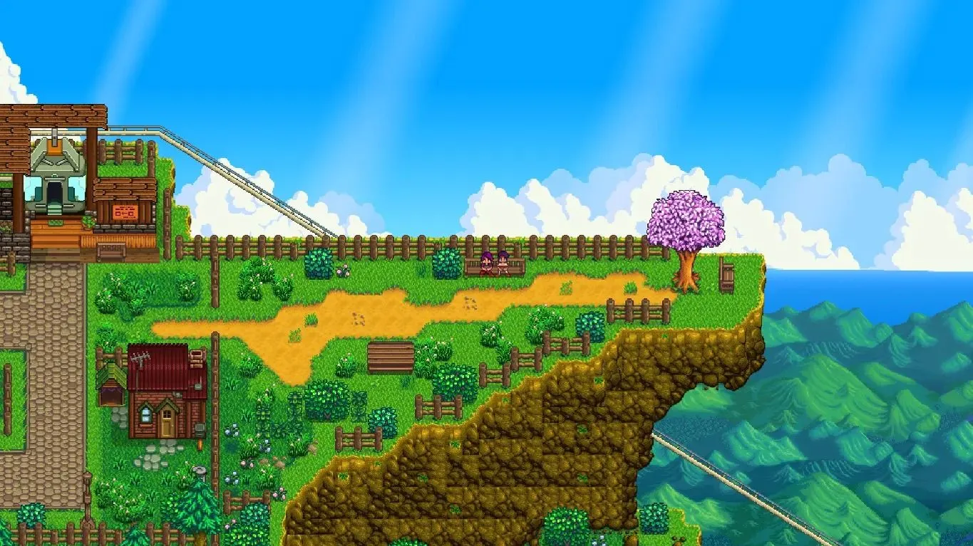 Hai nhân vật trong game Stardew Valley ngồi trên đỉnh núi tại Ridgeside Village, với cáp treo dẫn lên, cho thấy khu vực mới độc lập trong mod.