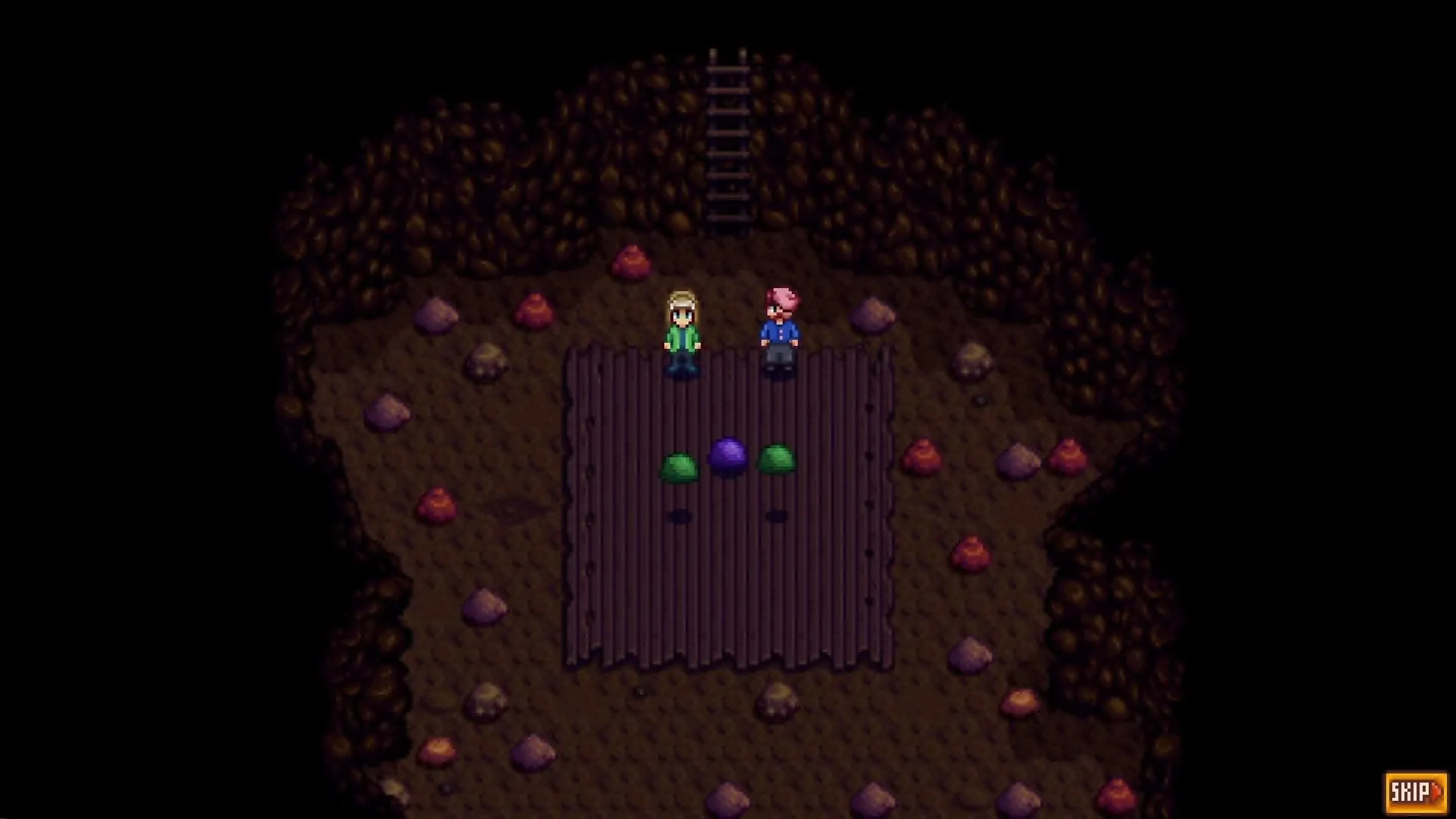 Hai nhân vật trong Stardew Valley đứng trước ba con Slime thân thiện trong hang động, minh họa nội dung mới của Adventurer's Guild Expanded.