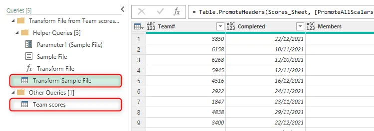 Hai truy vấn được đánh dấu trong ngăn Queries của trình chỉnh sửa Power Query của Excel