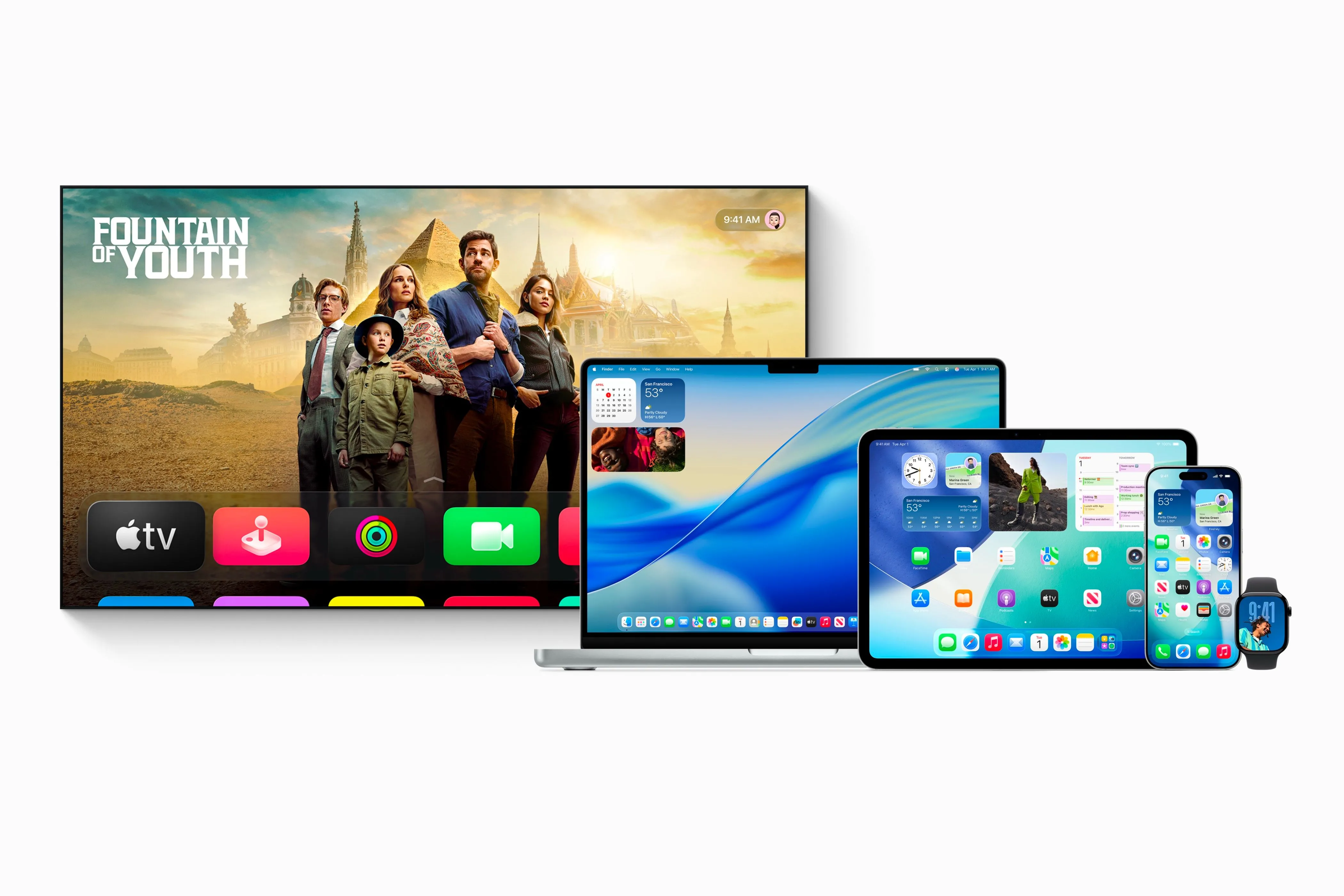 Hệ điều hành OS 26 hiển thị trên iPhone, iPad, Apple Watch, Mac và Apple TV, thể hiện tầm nhìn thiết kế Liquid Glass thống nhất hệ sinh thái Apple