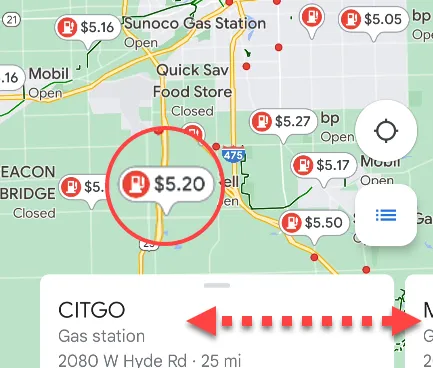 Hiển thị các trạm xăng gần đó và giá nhiên liệu cập nhật trên ứng dụng Google Maps.