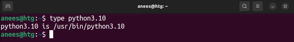 Hiển thị đường dẫn tệp thực thi python3.10 bằng lệnh type trong Linux