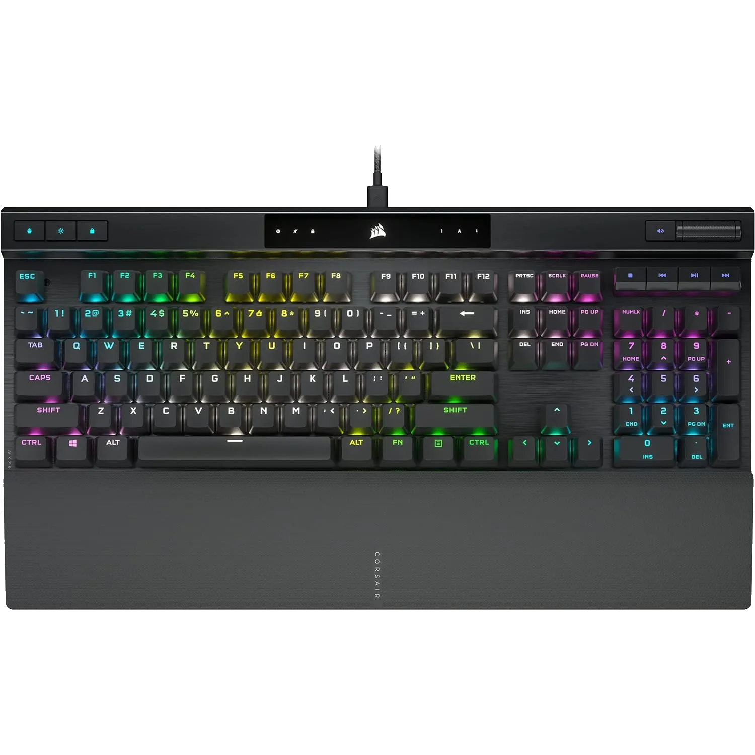 Hình ảnh cận cảnh bàn phím cơ Corsair K70 PRO với các phím điều khiển media chuyên biệt.