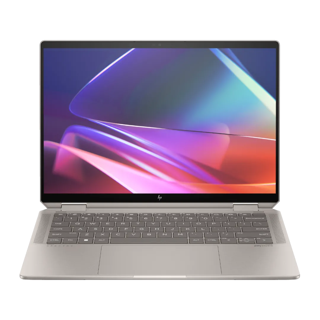 Hình ảnh cận cảnh chiếc laptop HP Spectre x360 14 đời 2024 màu đen đang ở chế độ 2-in-1, màn hình gập ngược để sử dụng như máy tính bảng.