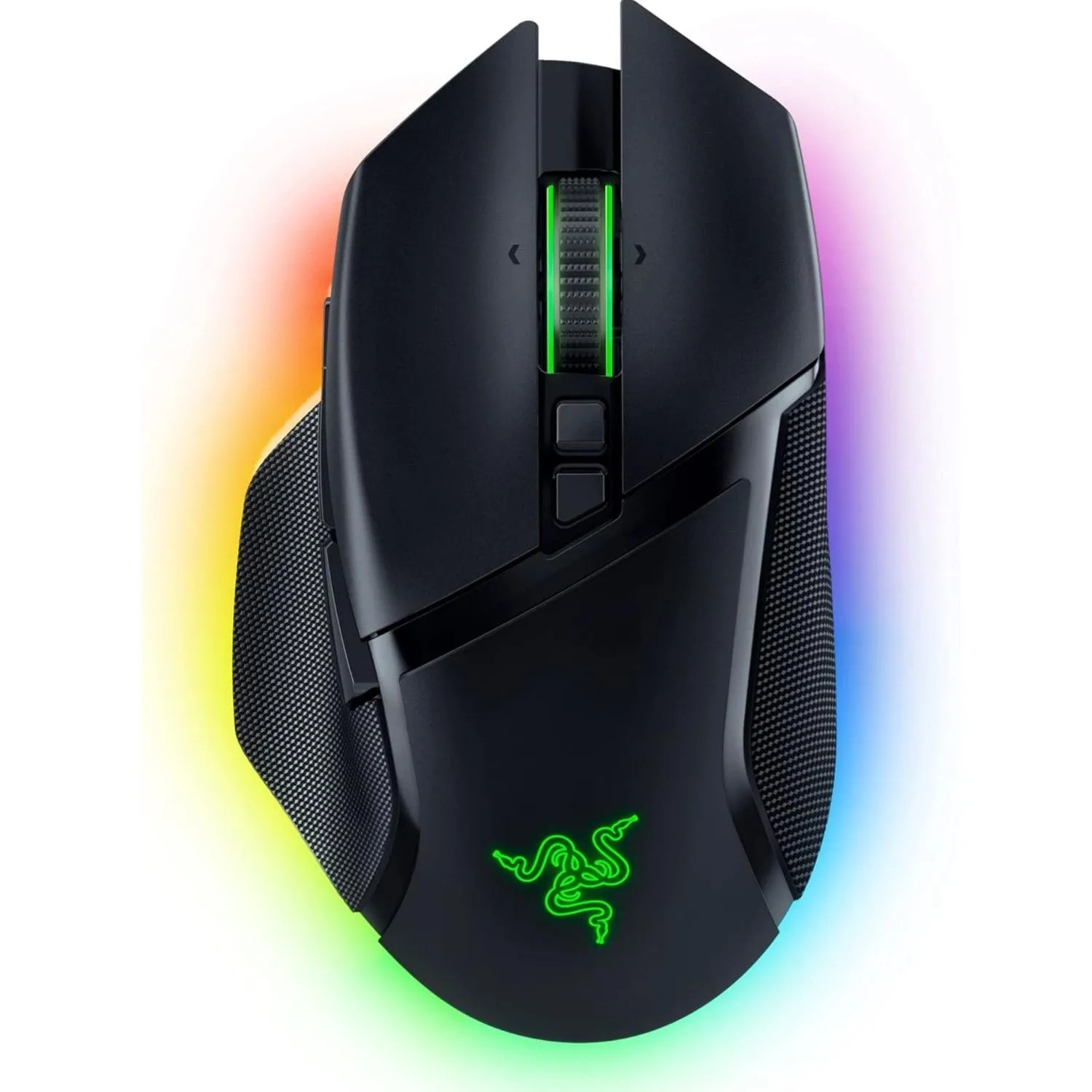 Hình ảnh cận cảnh chuột gaming không dây Razer Basilisk V3 Pro với đèn RGB sống động trên nền trắng, làm nổi bật thiết kế và các nút bấm có thể tùy chỉnh.