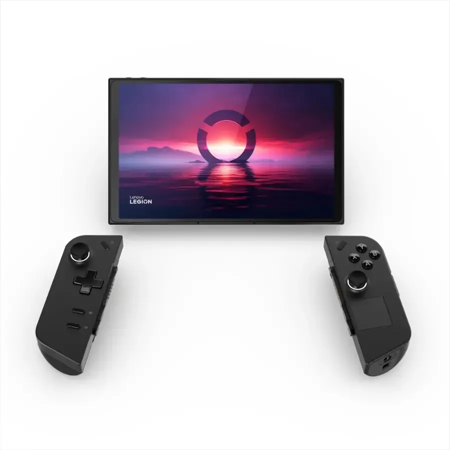 Hình ảnh cận cảnh máy chơi game cầm tay Lenovo Legion Go, nổi bật với màn hình lớn và bộ điều khiển có thể tháo rời.