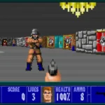 Hình ảnh chụp màn hình game Wolfenstein 3D với đồ họa 2D góc nhìn thứ nhất
