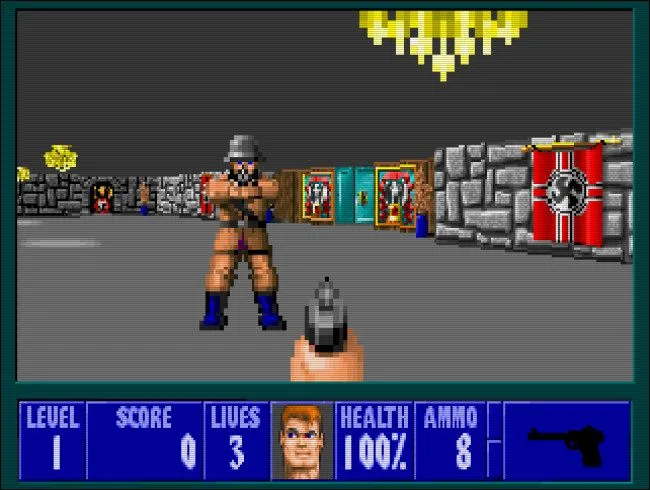 Hình ảnh chụp màn hình game Wolfenstein 3D với đồ họa 2D góc nhìn thứ nhất