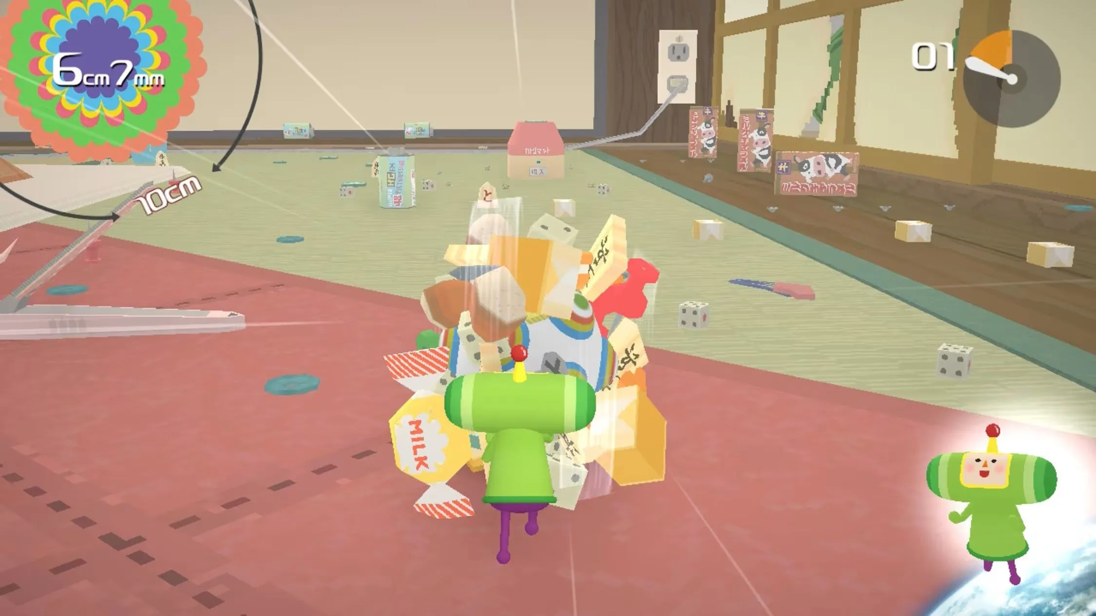 Hình ảnh gameplay game Katamari Damacy REROLL, nhân vật đang lăn một quả cầu khổng lồ chứa đầy vật thể, minh họa một trong những tựa game độc đáo trong thư viện PS2.