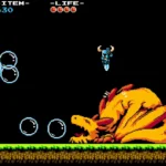 Hình ảnh gameplay Shovel Knight trong trận chiến với trùm rồng bong bóng.