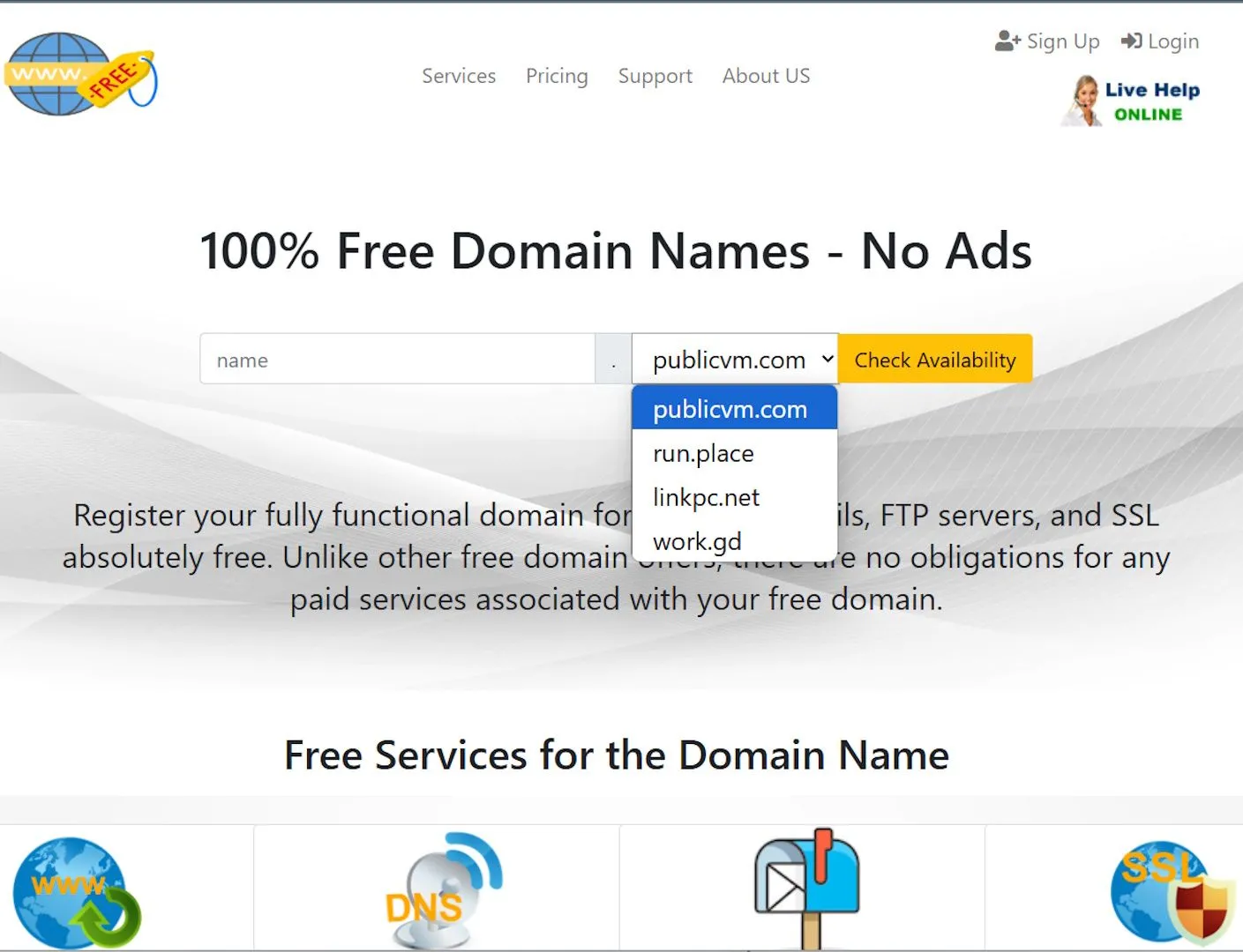 Hình ảnh giao diện lựa chọn các đuôi tên miền (TLD) miễn phí của Free Domain