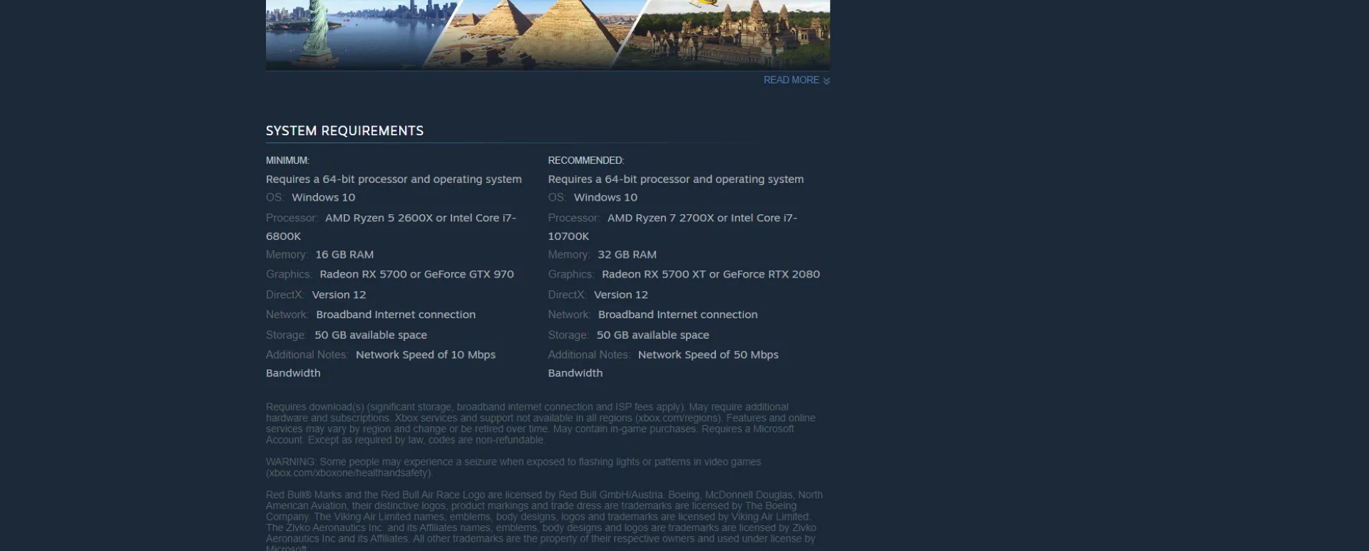 Hình ảnh hiển thị yêu cầu cấu hình khuyến nghị của game Microsoft Flight Simulator 2024 trên Steam với 32GB RAM.
