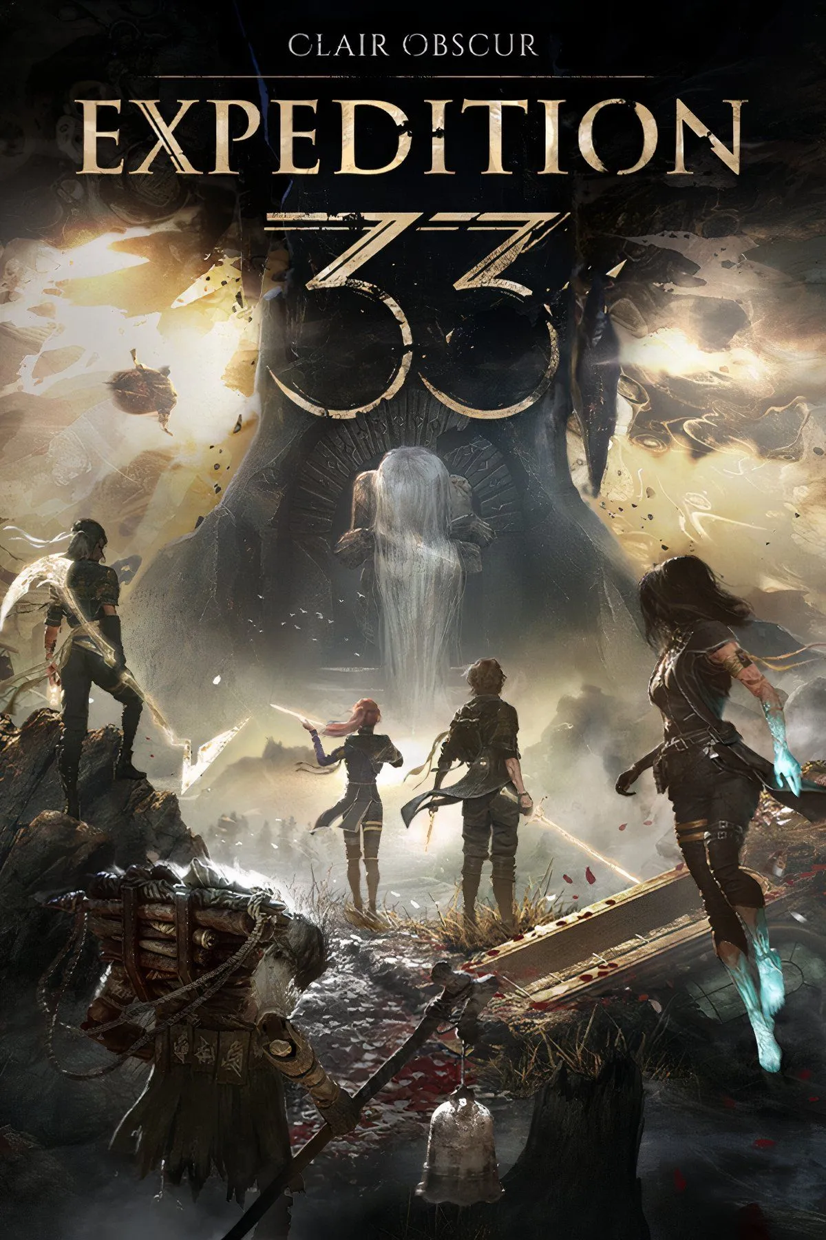 Hình ảnh logo Clair Obscur Expedition 33 và ba nền tảng chính: PC, PlayStation và Xbox