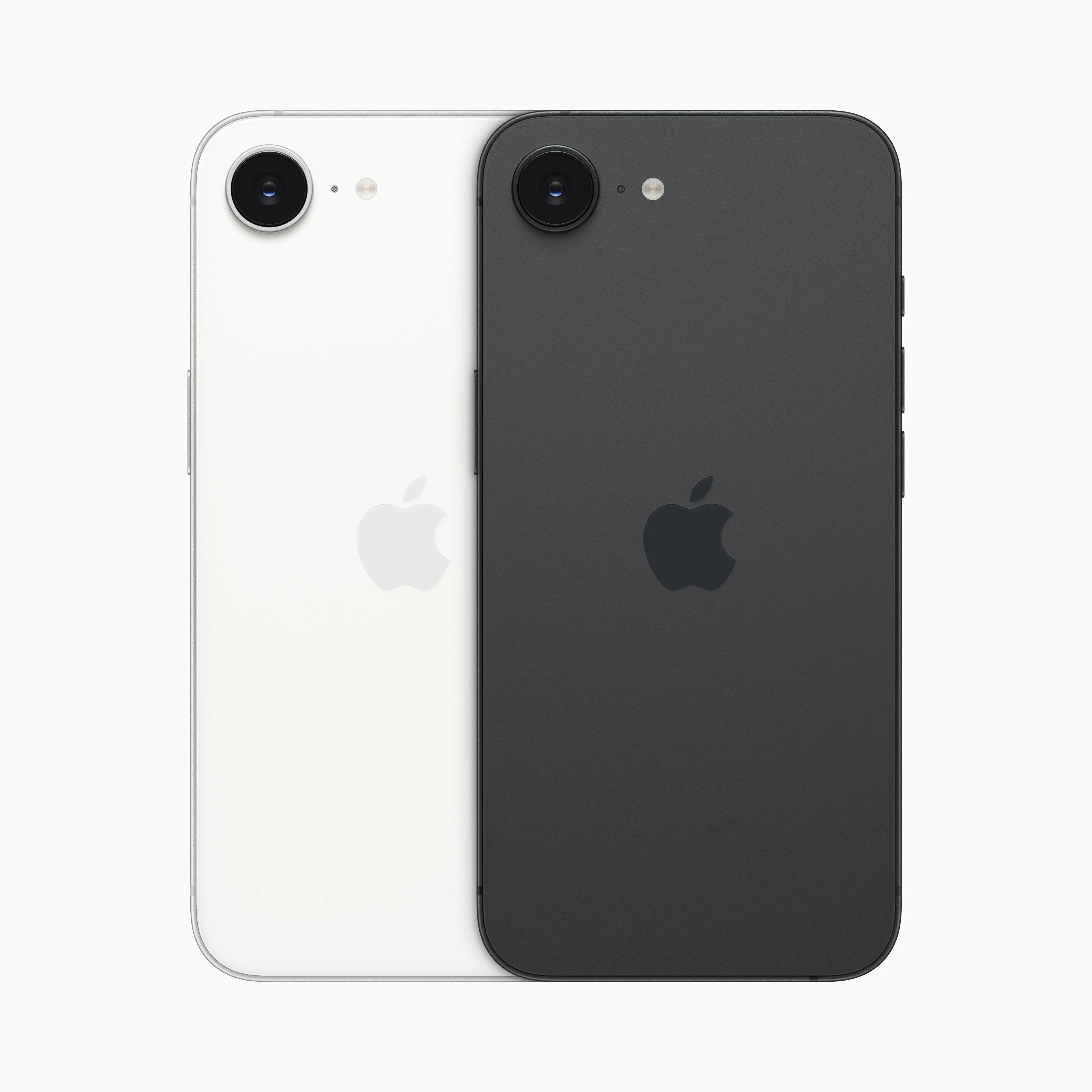 Hình ảnh mặt trước và mặt sau của iPhone 16e với các tùy chọn màu sắc khác nhau