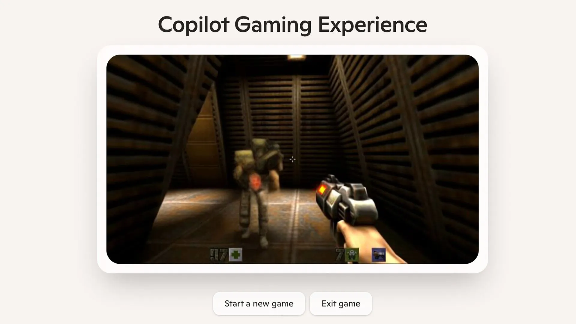 Hình ảnh minh họa game Quake II được tạo bởi mô hình AI WHAMM của Microsoft, thể hiện giao diện và đồ họa AI tạo sinh trong trình duyệt web.