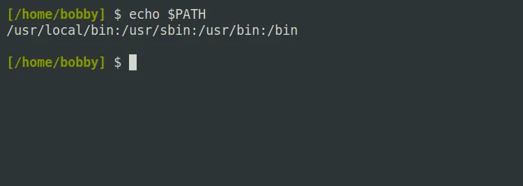 Hình ảnh minh họa kết quả lệnh echo $PATH trong terminal Linux, hiển thị các thư mục tìm kiếm chương trình.