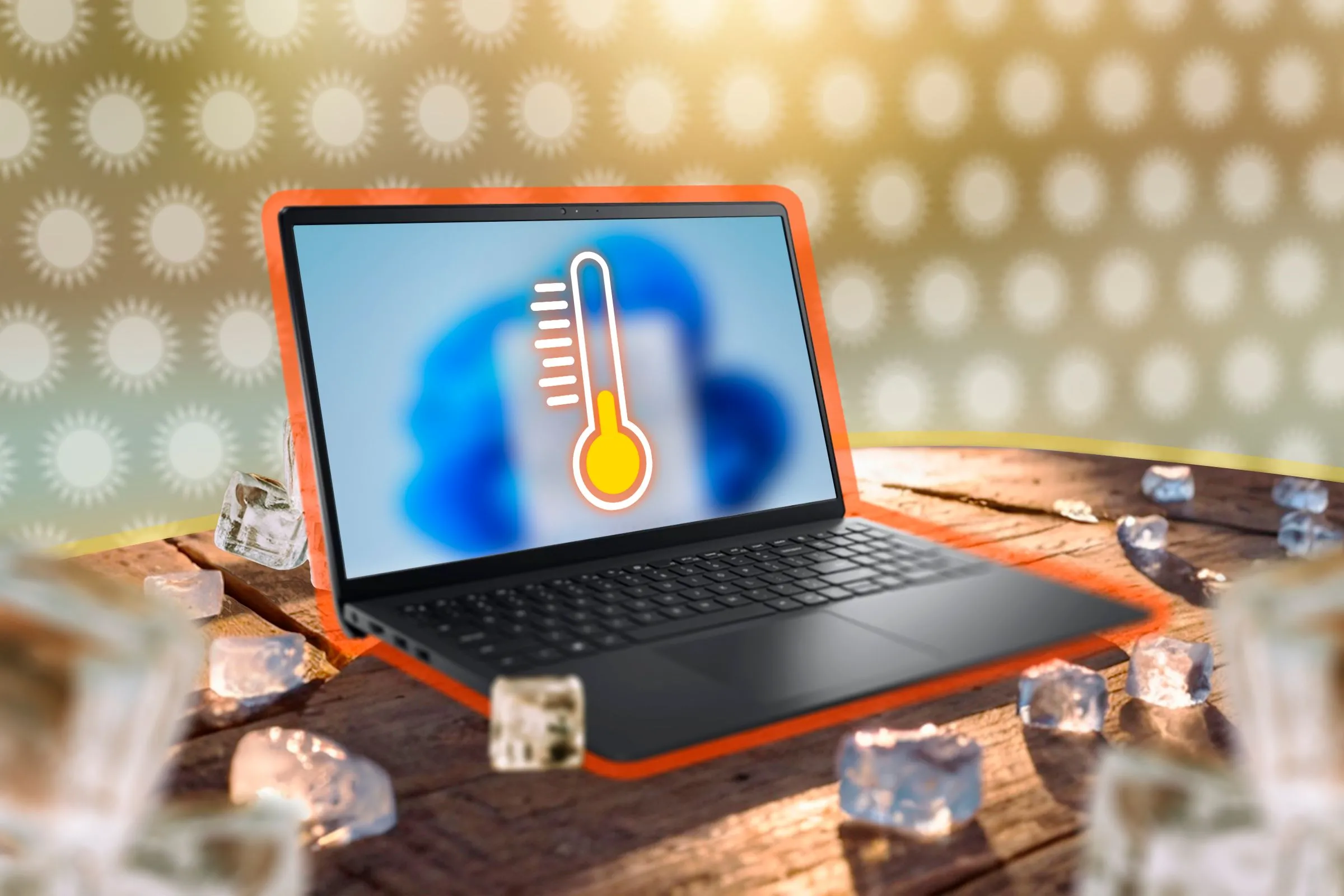 Hình ảnh minh họa laptop với màn hình hiển thị nhiệt kế, đặt giữa các viên đá, nhấn mạnh tác động của nhiệt độ cao và thấp lên pin thiết bị.
