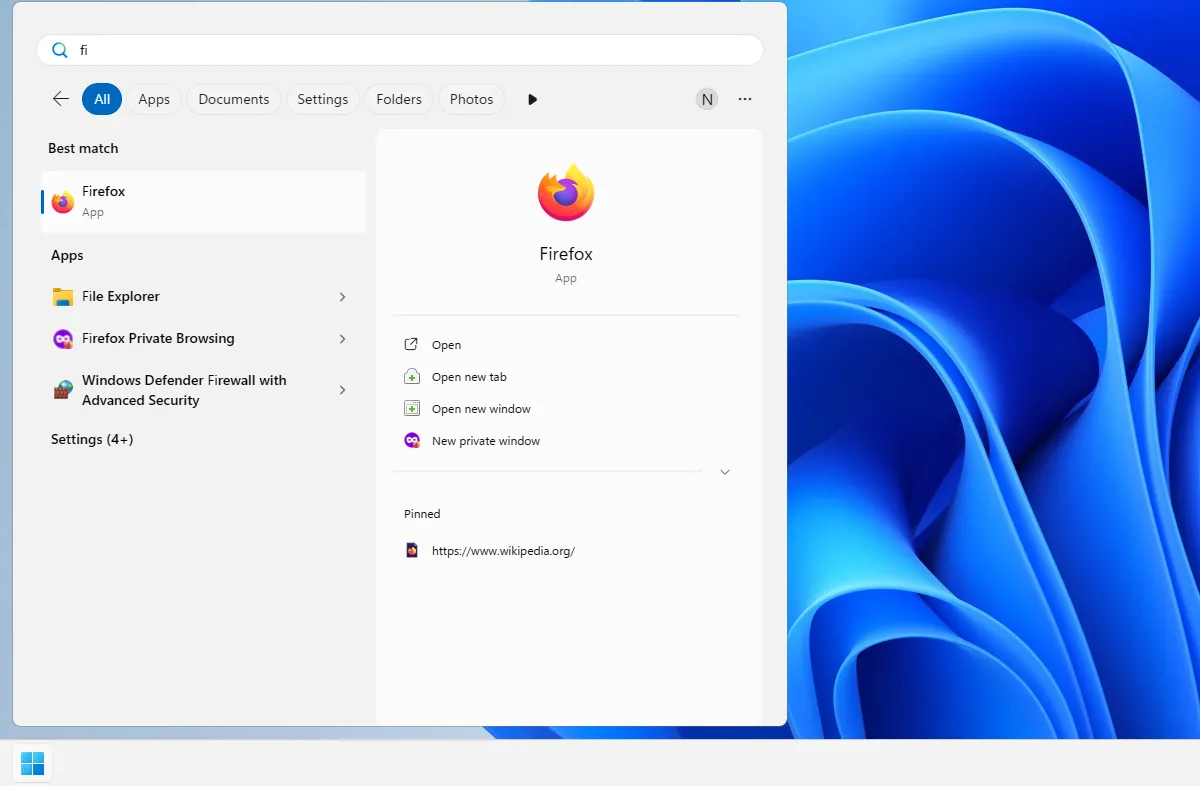 Hình ảnh minh họa tìm kiếm ứng dụng Firefox trong Start Menu của Windows.