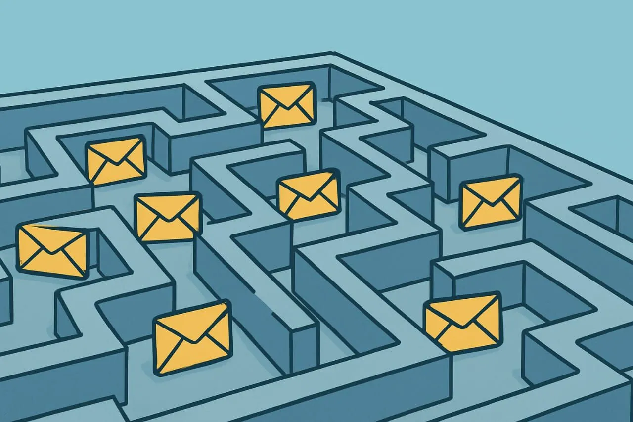 Hình ảnh những phong bì email bị lạc trong mê cung, tượng trưng cho sự không chắc chắn khi gửi email.