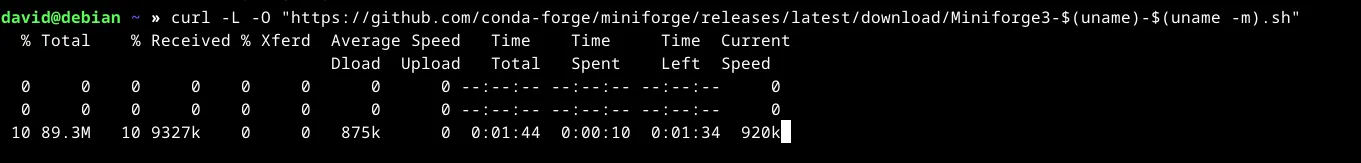 Hình ảnh quá trình tải xuống Miniforge, bản phân phối Mamba tối giản, bằng lệnh curl trên terminal Linux.