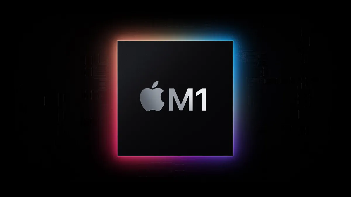 Hình ảnh quảng cáo chip Apple M1, biểu tượng cho sức mạnh xử lý vượt trội.