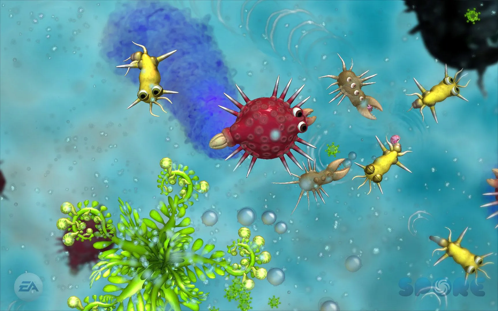 Hình ảnh quảng cáo game Spore với một sinh vật do người chơi tạo ra đang di chuyển trong môi trường game