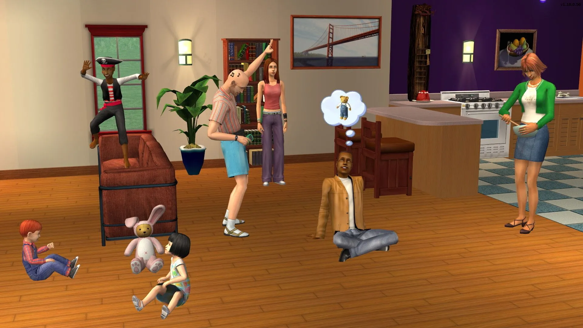 Hình ảnh quảng cáo game The Sims 2 với các nhân vật Sims đang tương tác trong một ngôi nhà được thiết kế đẹp mắt