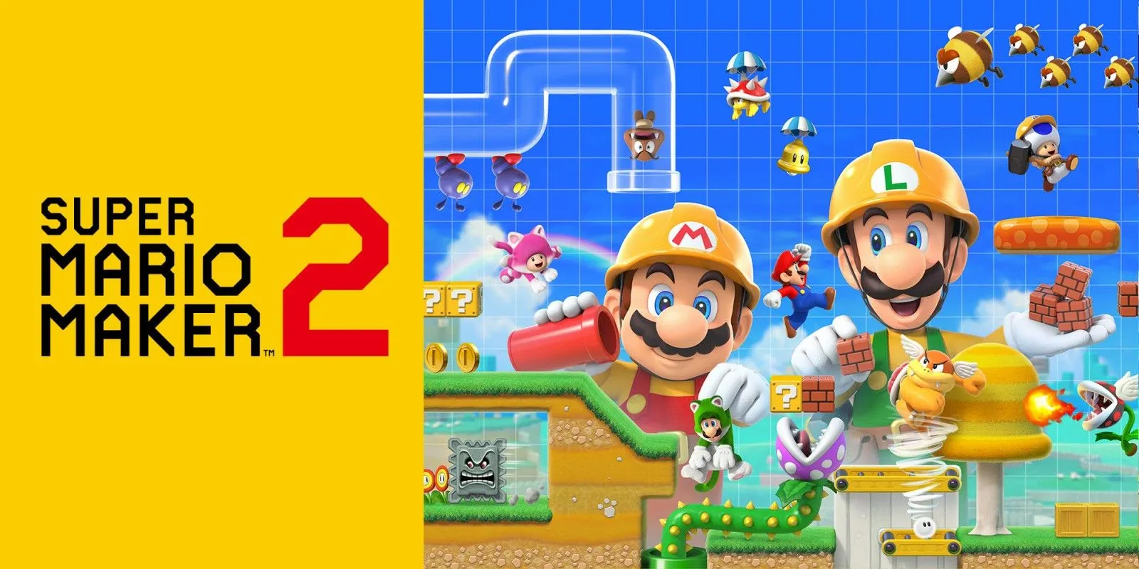 Hình ảnh quảng cáo Super Mario Maker 2 cho thấy Mario &amp; Luigi trong trang phục thợ xây.