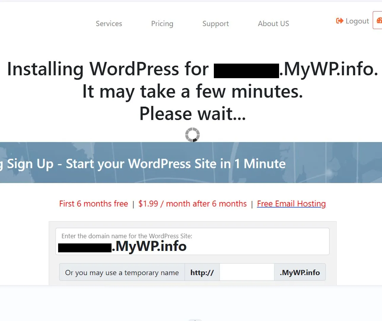 Hình ảnh quy trình cài đặt WordPress trên nền tảng Free Domain