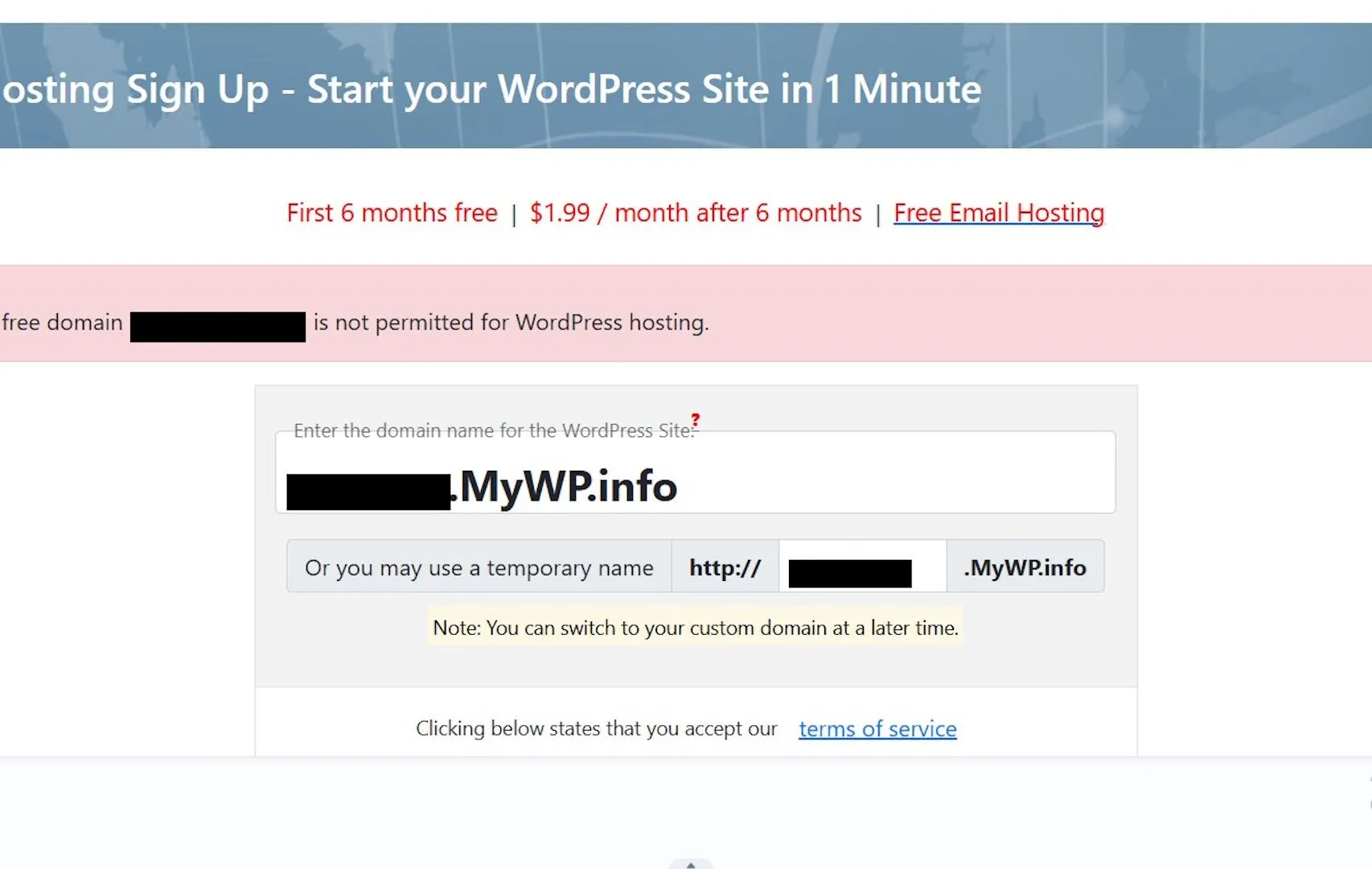 Hình ảnh thông báo lỗi hoặc ngừng cung cấp hosting WordPress miễn phí cho tên miền miễn phí trên Free Domain