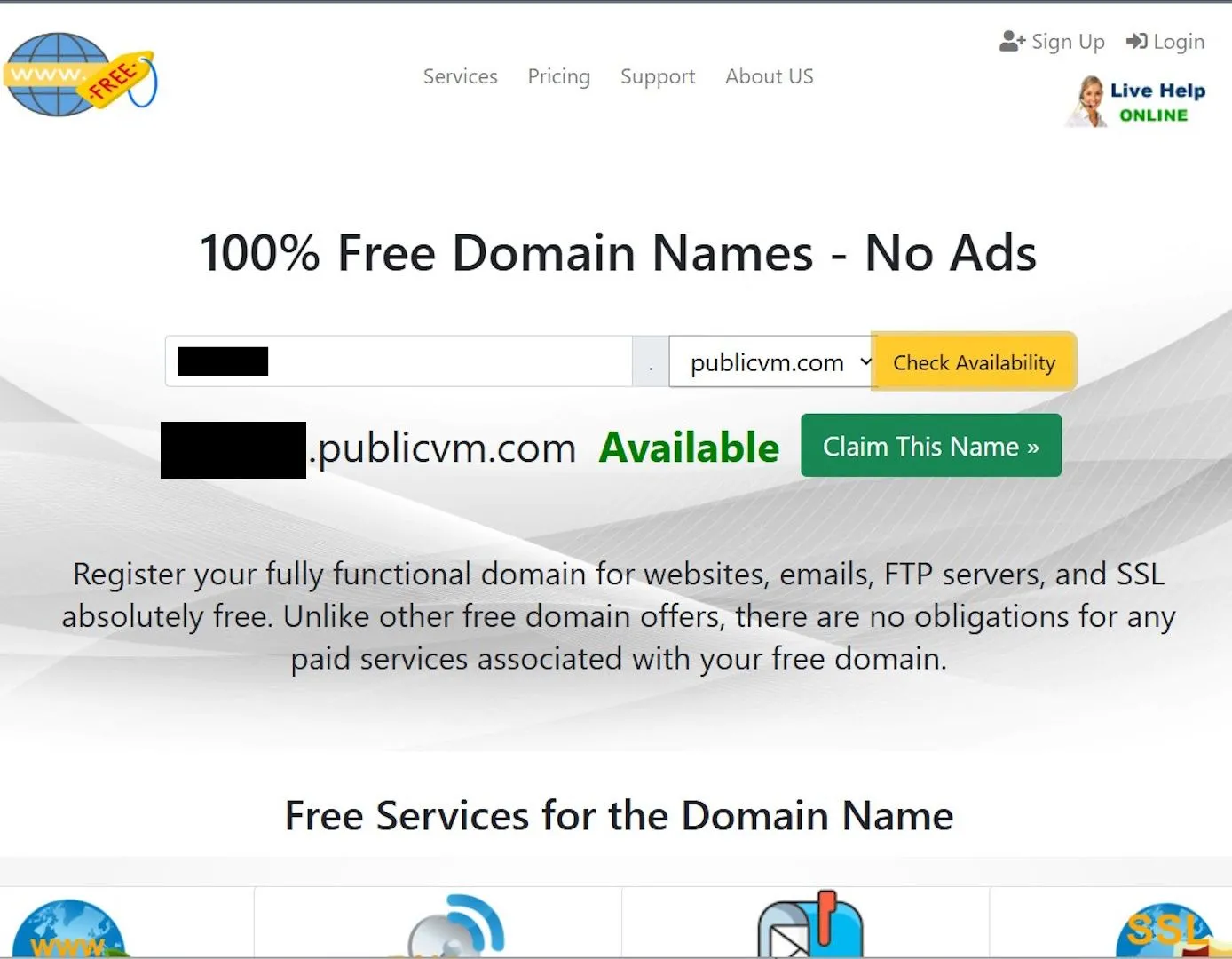 Hình ảnh trang đăng ký tên miền miễn phí của Free Domain, hiển thị các bước đăng ký