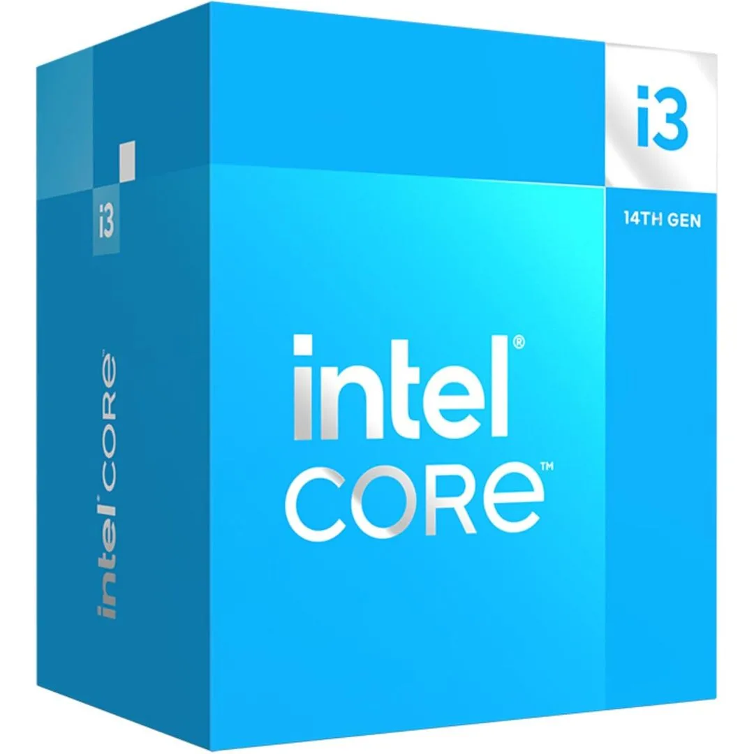 Hộp đựng CPU Intel Core i3-14100 với logo Intel và thông số kỹ thuật cơ bản