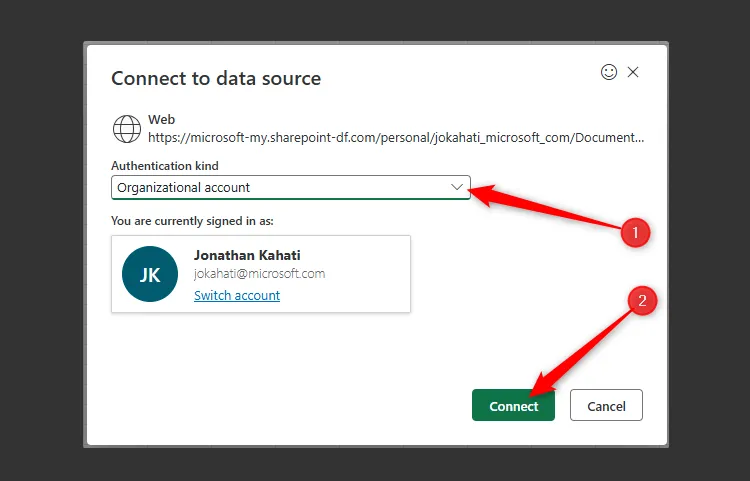 Hộp thoại Connect To Data Source trong Excel cho web, với tùy chọn Organizational Account được chọn trong trường Authentication Kind.
