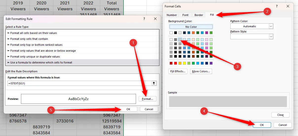 Hộp thoại &quot;Định dạng Ô&quot; (Format Cells) trong Excel, đang chọn màu nền xám cho hàng tiêu đề.