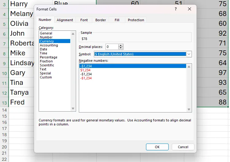 Hộp thoại Định dạng Ô trong Excel, với tùy chọn &quot;Tiền tệ&quot; được chọn trong tab &quot;Số&quot;, cùng các thiết lập về số thập phân và ký hiệu.