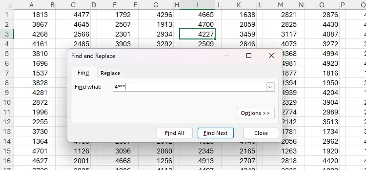 Hộp thoại Tìm kiếm và Thay thế trong Excel với mẫu tìm kiếm &quot;4***&quot; (số 4 và ba dấu hoa thị) được nhập vào trường &quot;Find What&quot;.
