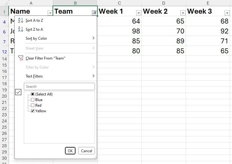 Hộp thoại tùy chọn lọc dữ liệu cho cột B trong Excel, hiển thị các lựa chọn lọc chi tiết.