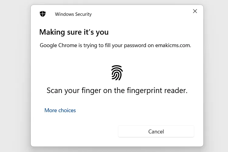 Hộp thoại Windows Hello yêu cầu xác minh danh tính bằng vân tay.