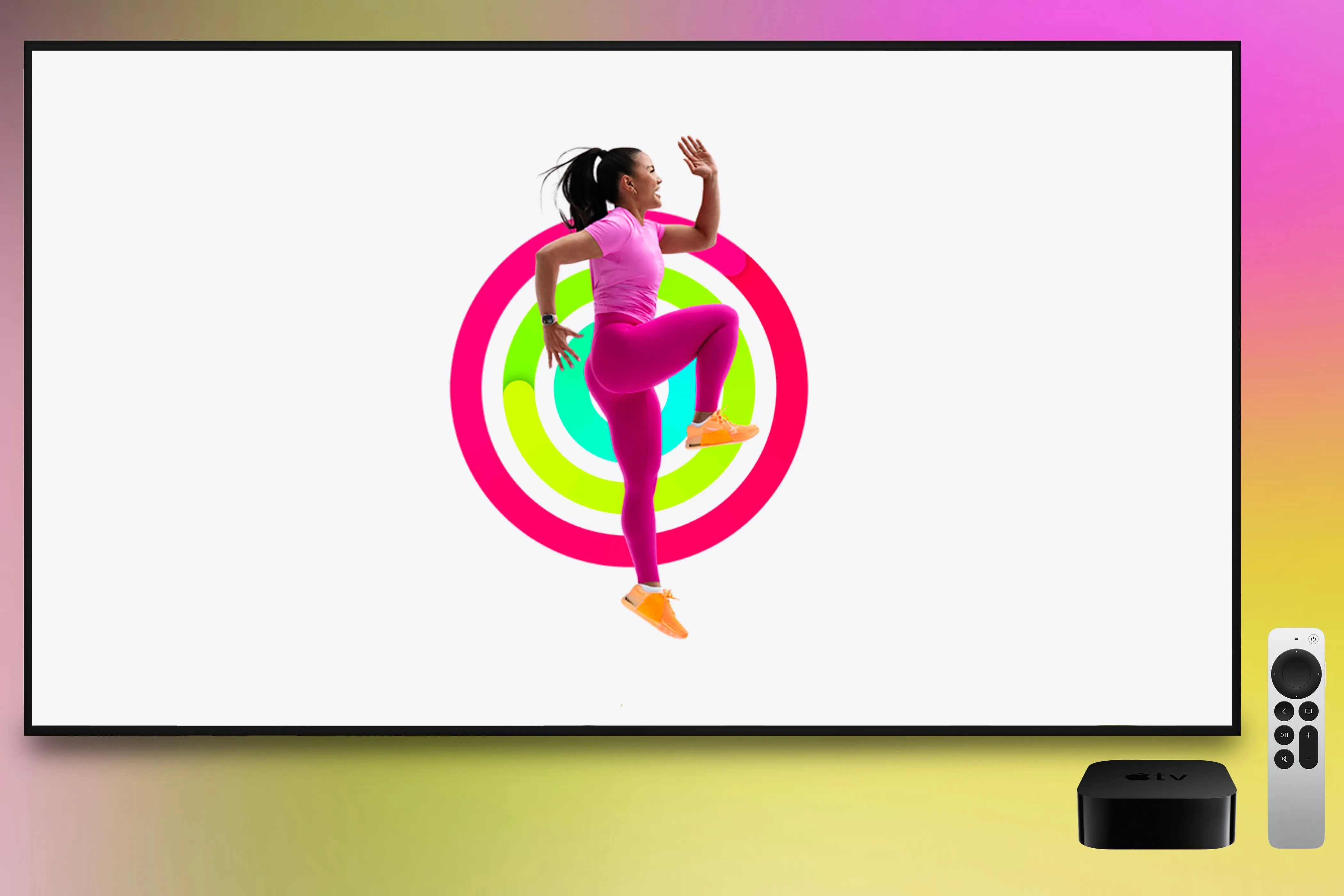 Huấn luyện viên Apple Fitness+ tập luyện trước các vòng Hoạt động trên Apple TV.