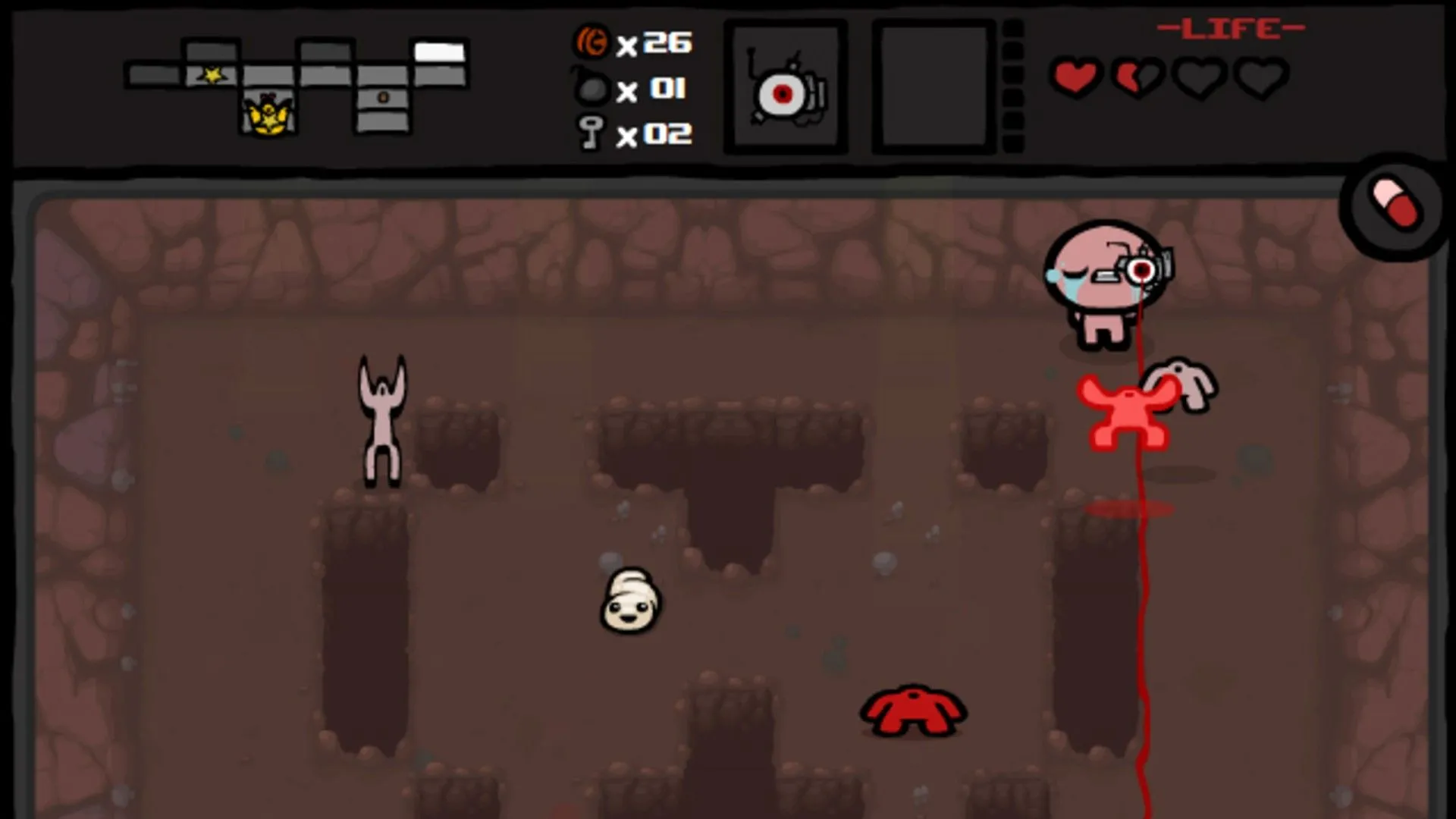 Isaac với con mắt laser tấn công kẻ thù trong The Binding of Isaac.