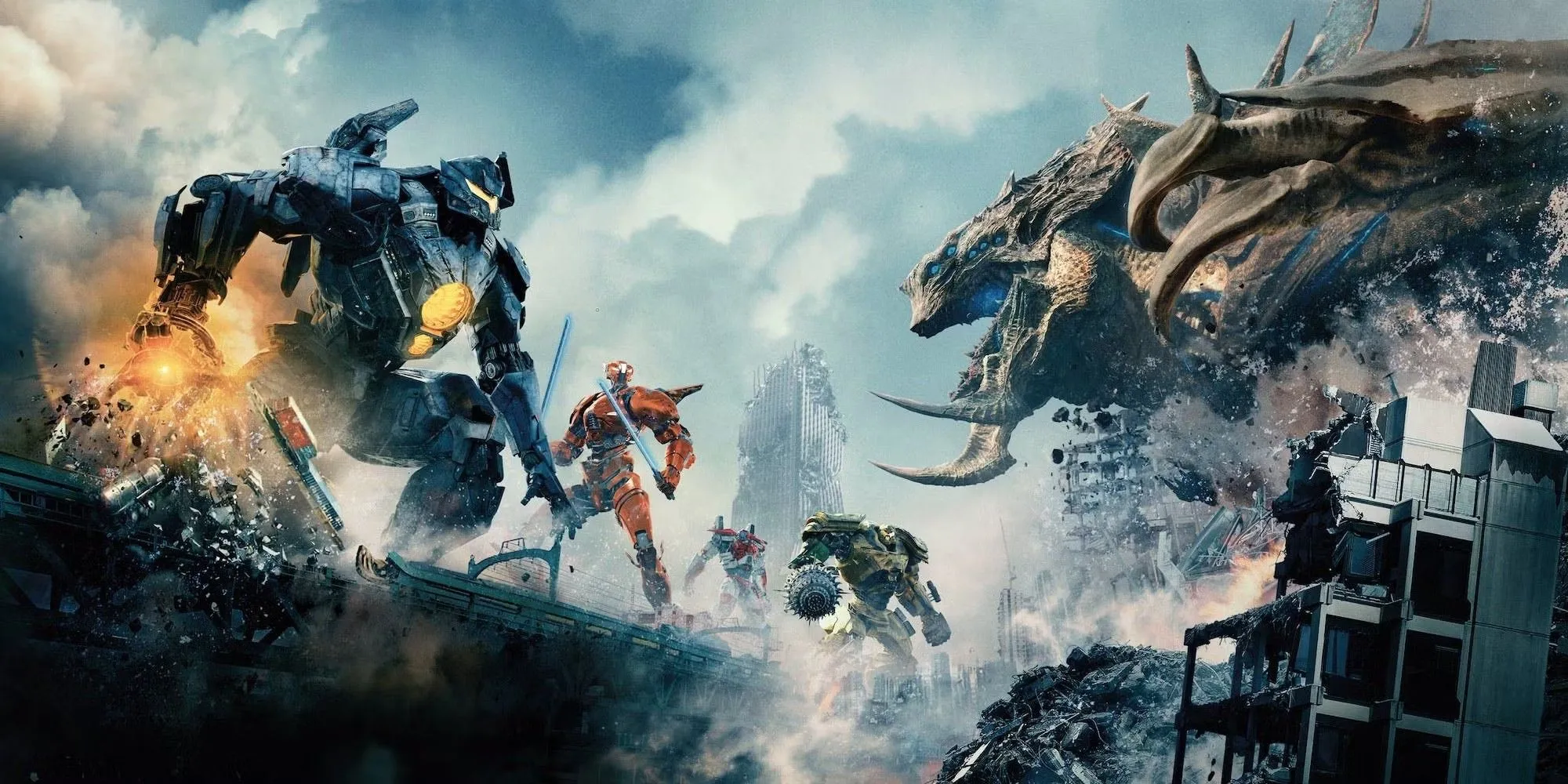Jaeger di chuyển trong thành phố đổ nát sau trận chiến khốc liệt trong phim Pacific Rim Uprising.