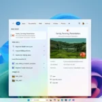 Kết quả tìm kiếm thông minh trong Start Menu của Windows 11 Copilot+ PC, minh họa khả năng hiểu ngữ cảnh với từ khóa 'núi' và gợi ý tệp thuyết trình.