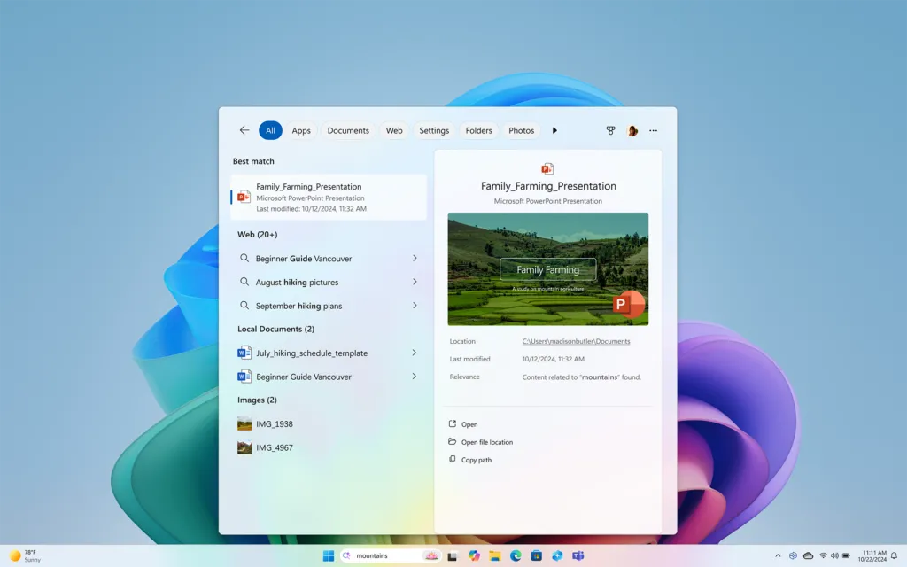 Kết quả tìm kiếm thông minh trong Start Menu của Windows 11 Copilot+ PC, minh họa khả năng hiểu ngữ cảnh với từ khóa 'núi' và gợi ý tệp thuyết trình.