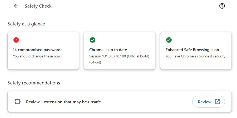 Kết quả và khuyến nghị từ tính năng Kiểm tra an toàn của Google Chrome.