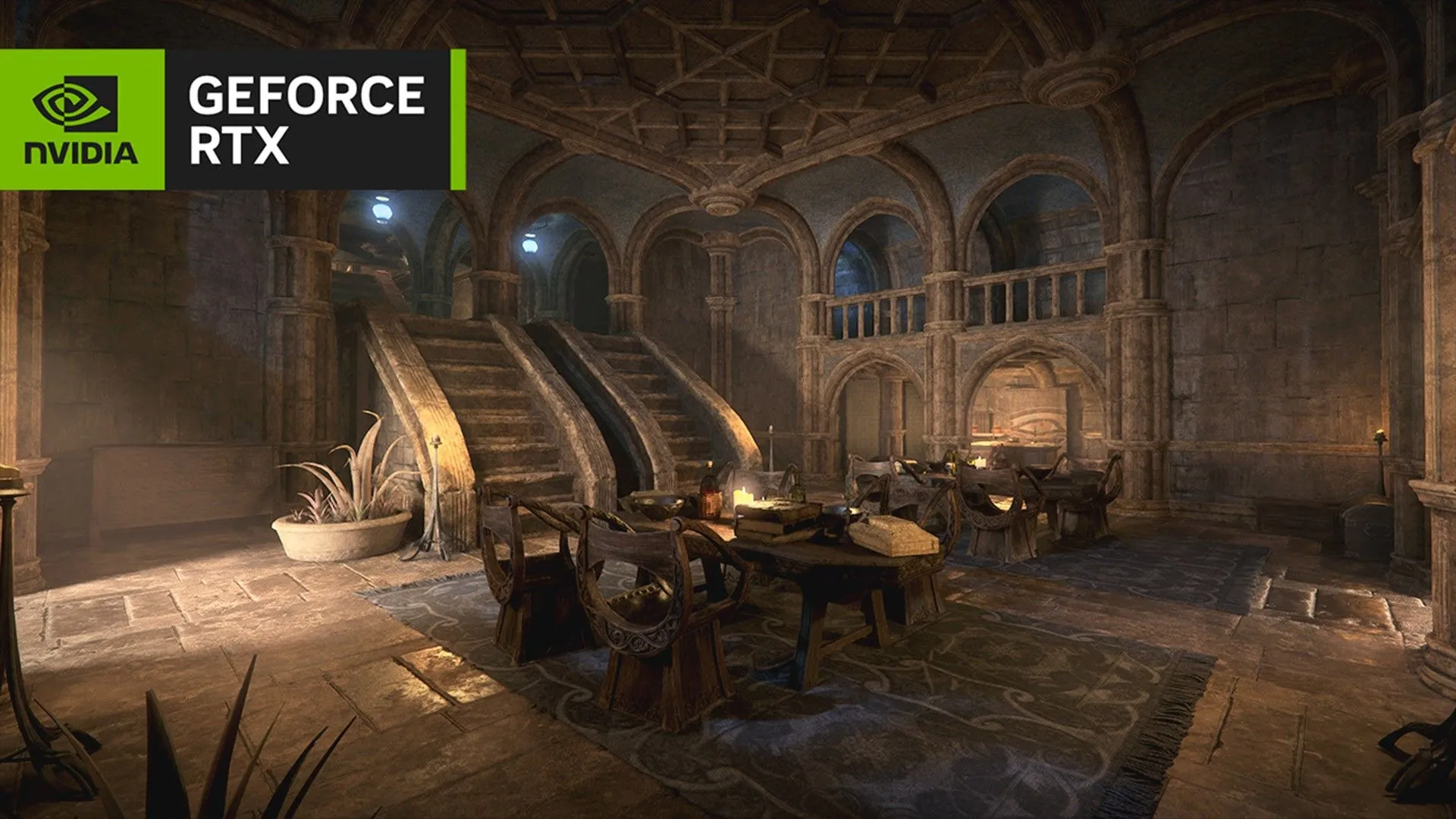 Khu vực nhà ăn trong game Morrowind với đồ họa được cải thiện đáng kể nhờ công nghệ NVIDIA RTX Remix, thể hiện khả năng nâng cấp hình ảnh của công cụ này.